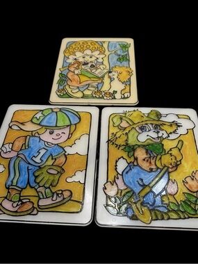 VTG Faux Stained Glass Plastic Sun Catchers Strawberry Rabbit Baseball Lot of 3